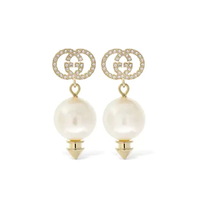 18K Double Gucci Pearl Pendant Earrings