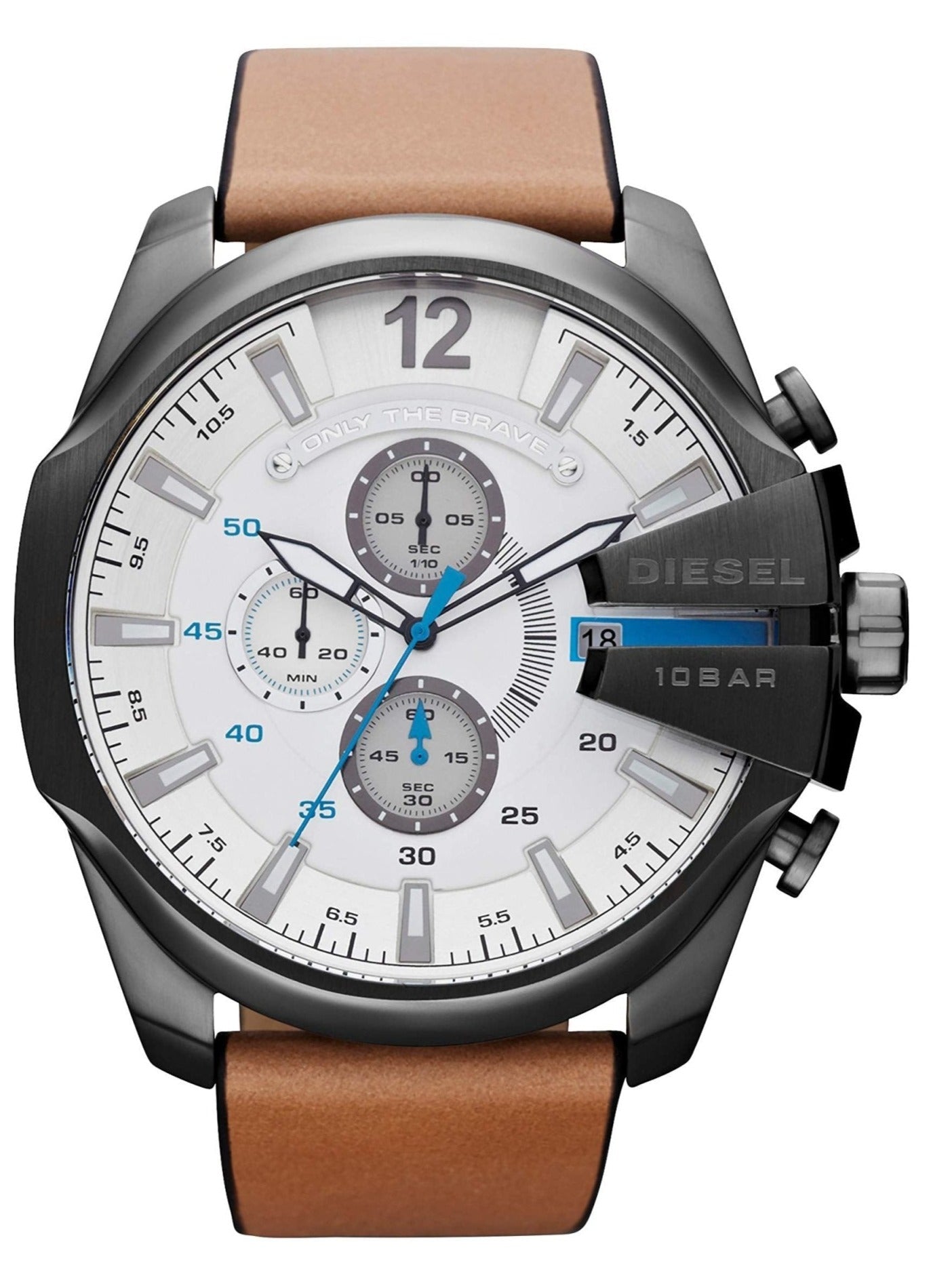 Diesel DZ4280 Mega Chief Chronograph Men's Watch - White Dial & Brown Leather Strap