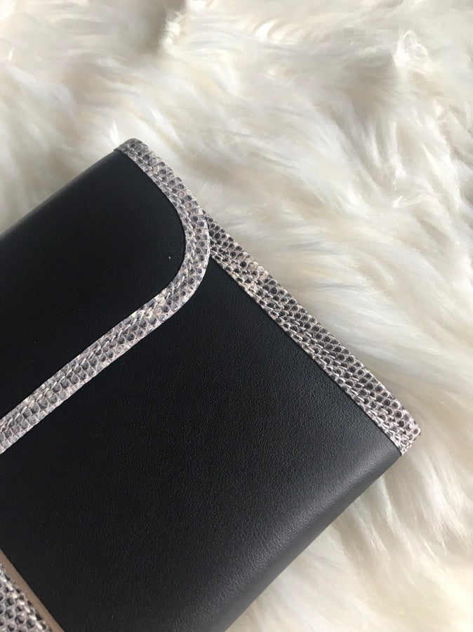HERMES JIGE ELAN 29 CLUTCH IN BLACK CALFSKIN WITH WHITE LIZARD SKIN