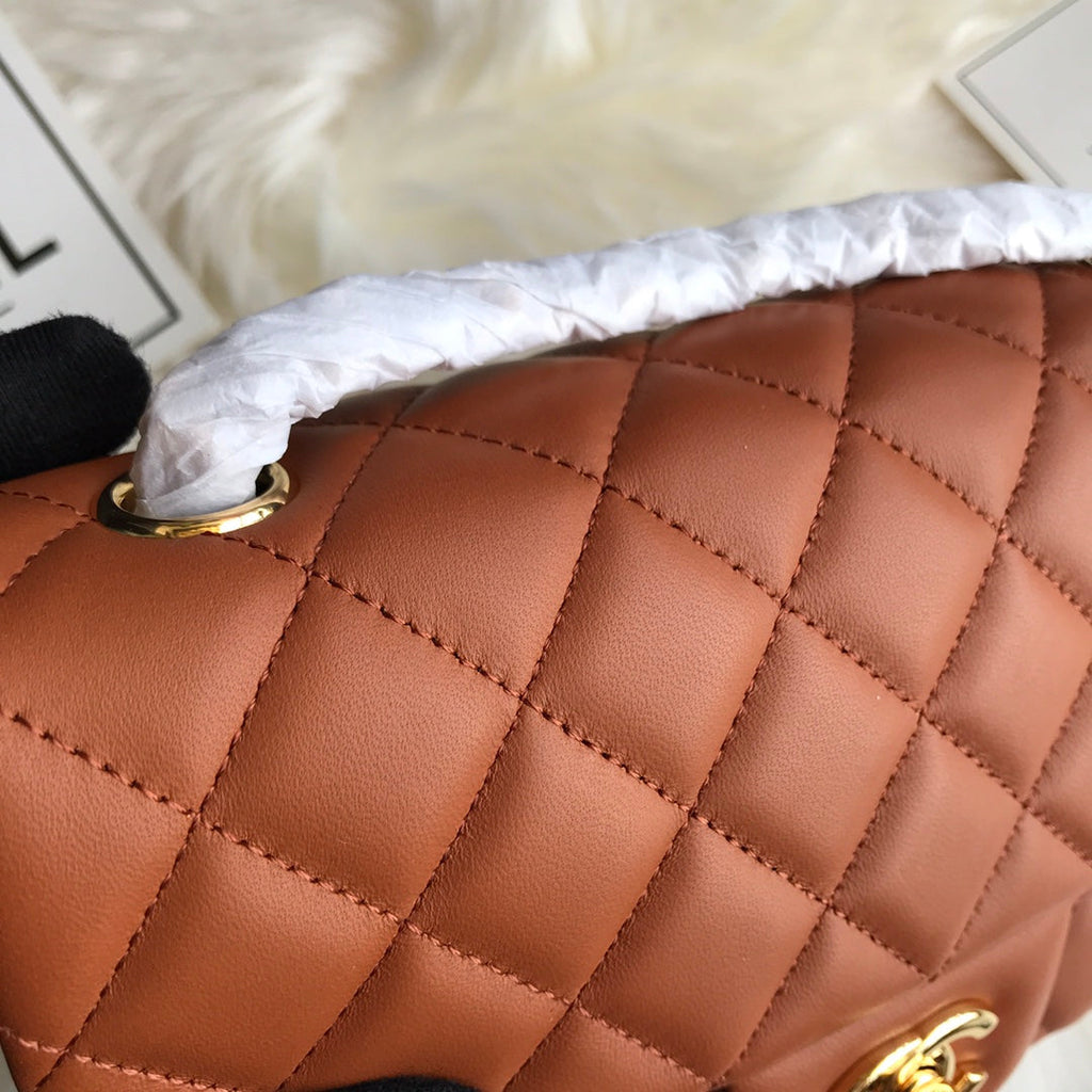 CHANEL 20 CLASSIC SMALL DOUBLE FLAP BAG IN CARAMEL BROWN CALFSKIN