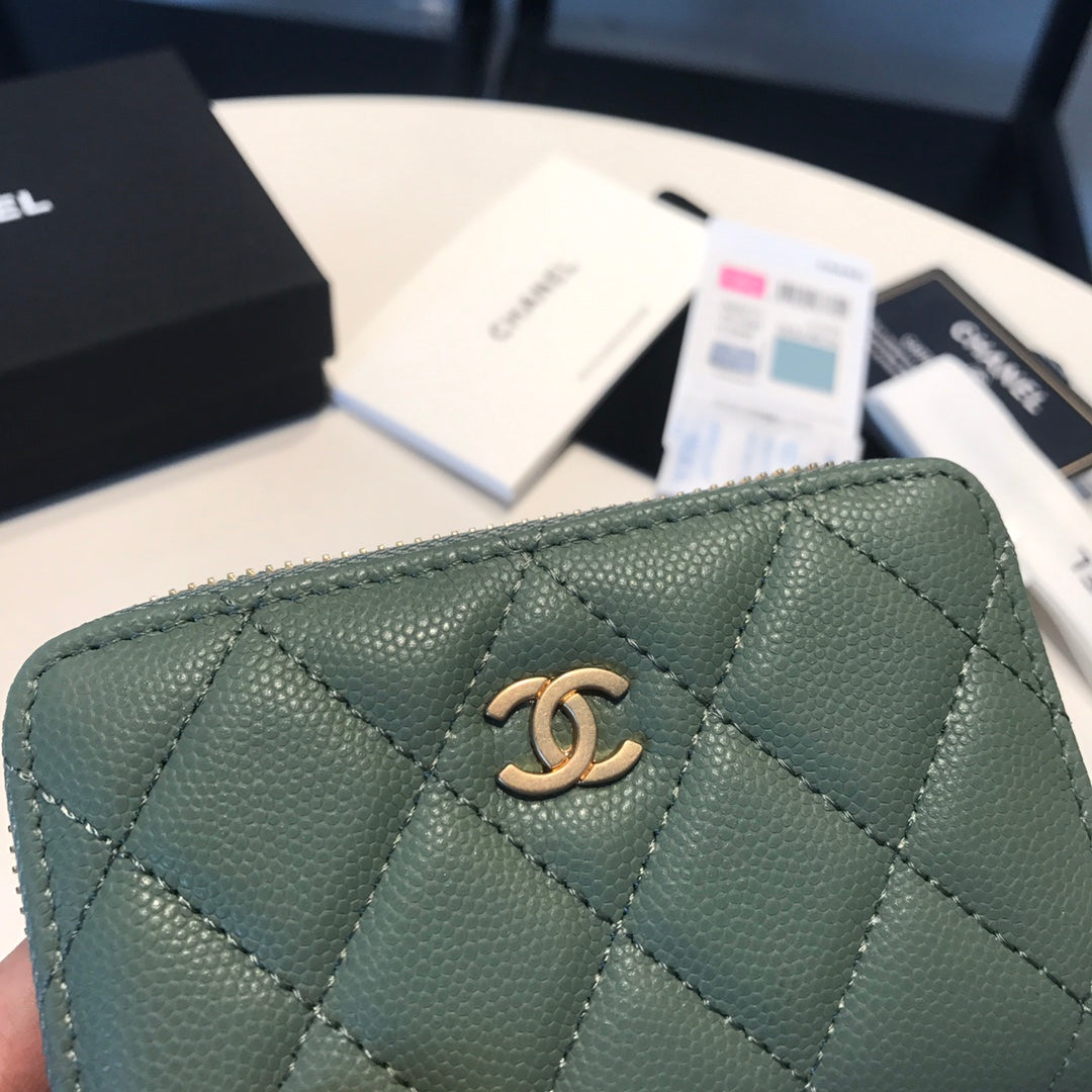 CHANEL ZIPPED COIN BASIC PURSE 11 TURQUOISE CALFSKIN GOLD ICON