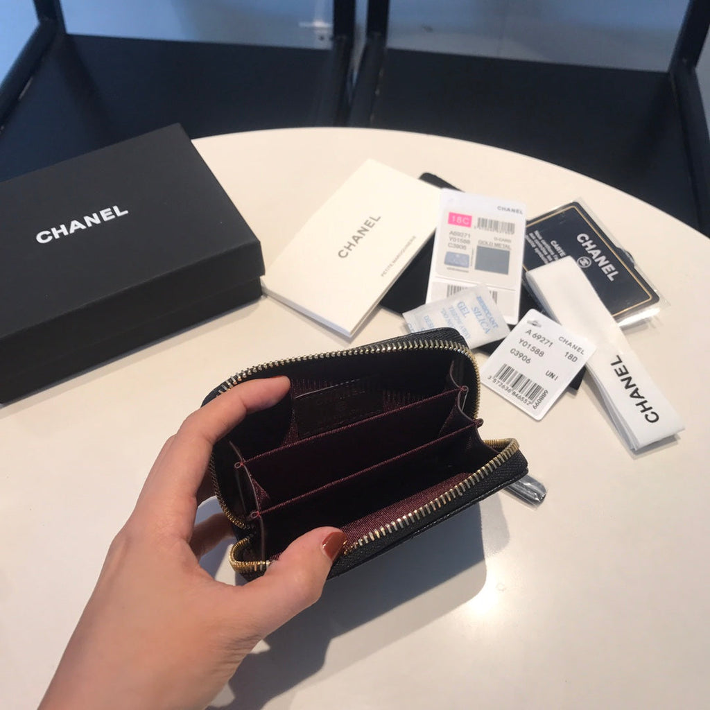 CHANEL ZIPPED COIN BASIC PURSE 11 BLACK CALFSKIN WITH GOLD ICON