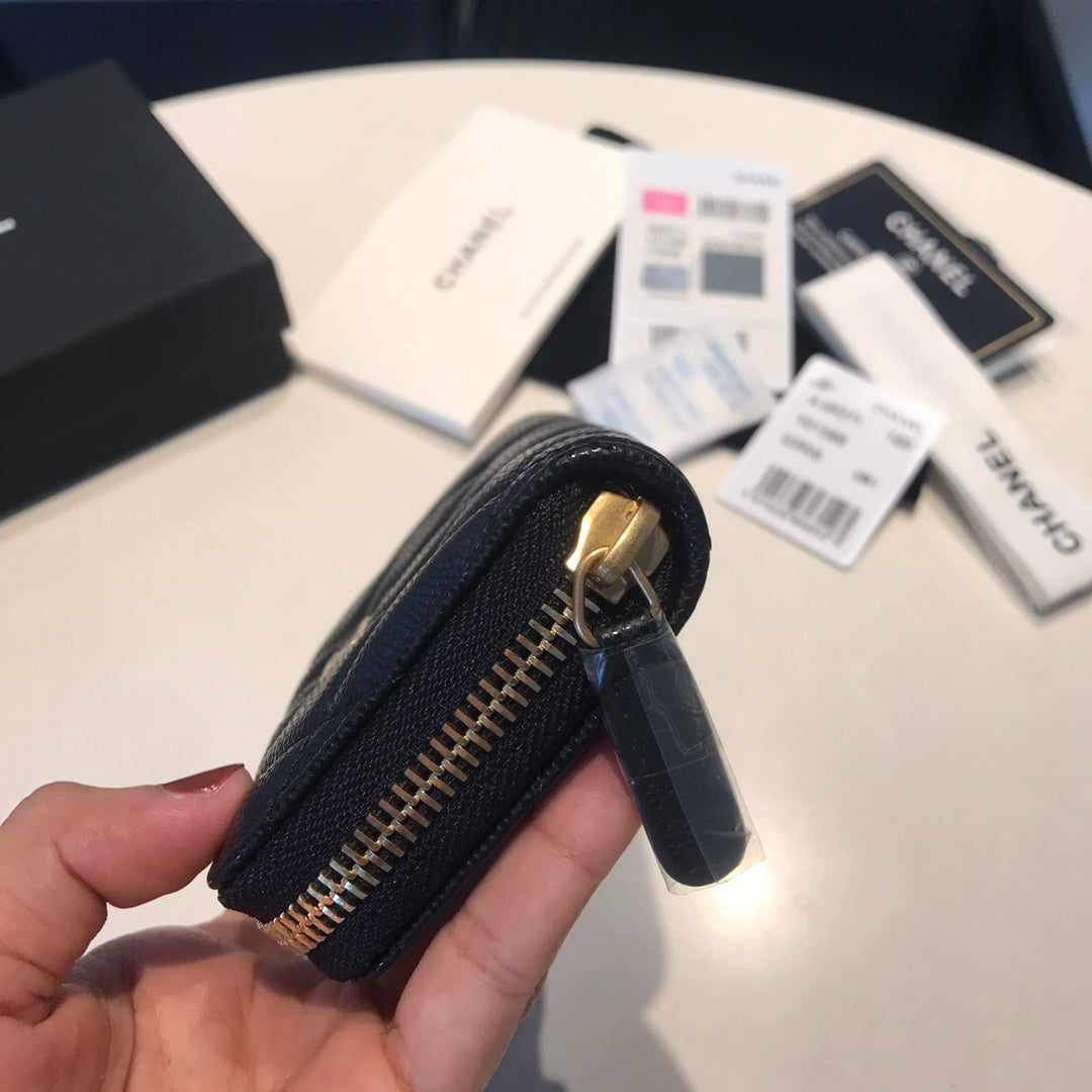 CHANEL ZIPPED COIN BASIC PURSE 11 BLACK CALFSKIN GOLD ICON