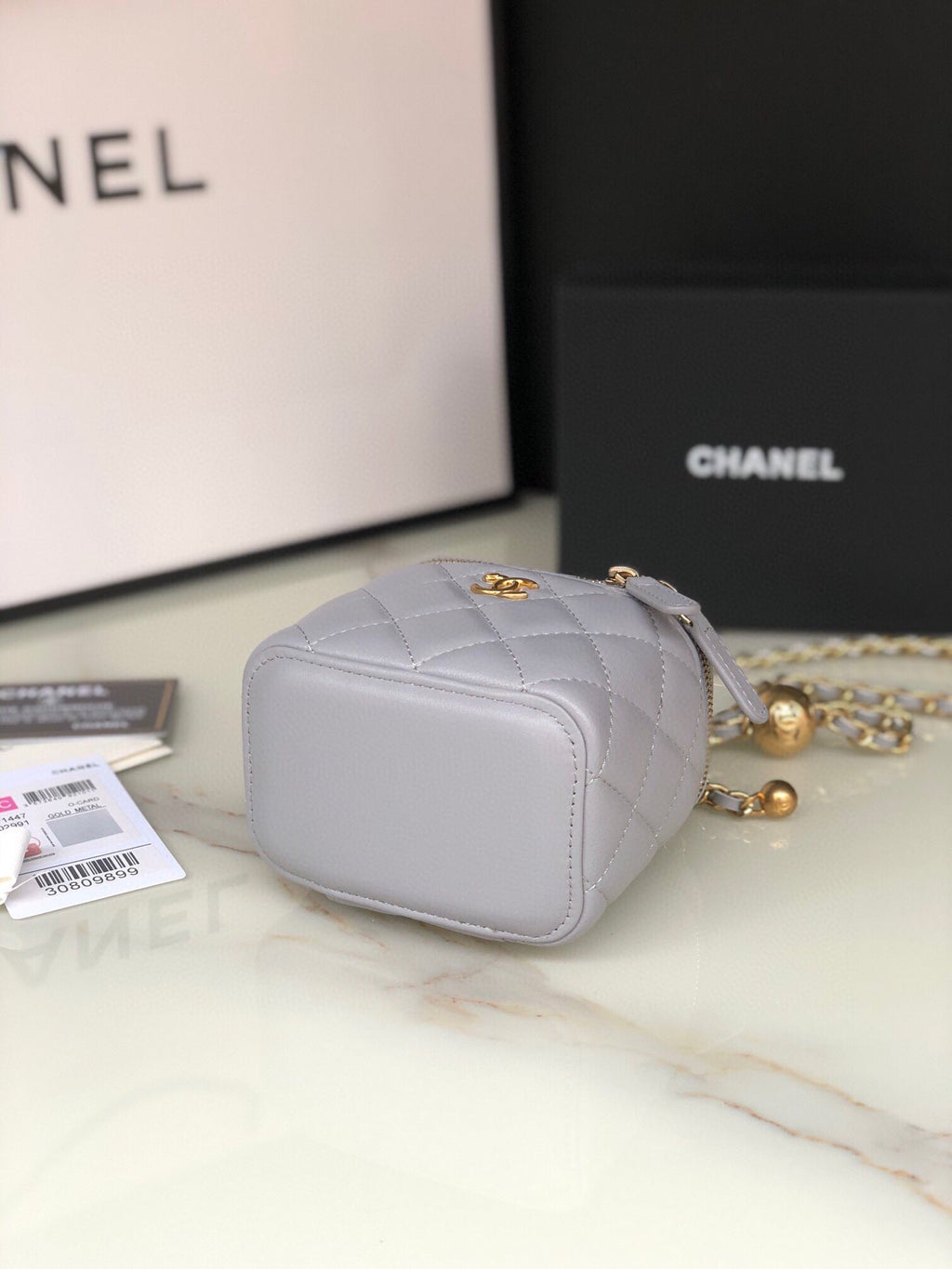 CHANEL MINI 11 VANITY CHAIN IN LIGHT GREY CALFSKIN GOLD HARDWARE