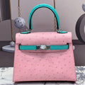 HERMES KELLY BAG 20 IN FLAMINGO PINK MIX CYAN BLUE OSTRICH LEATHER WITH SILVER HARDWARE