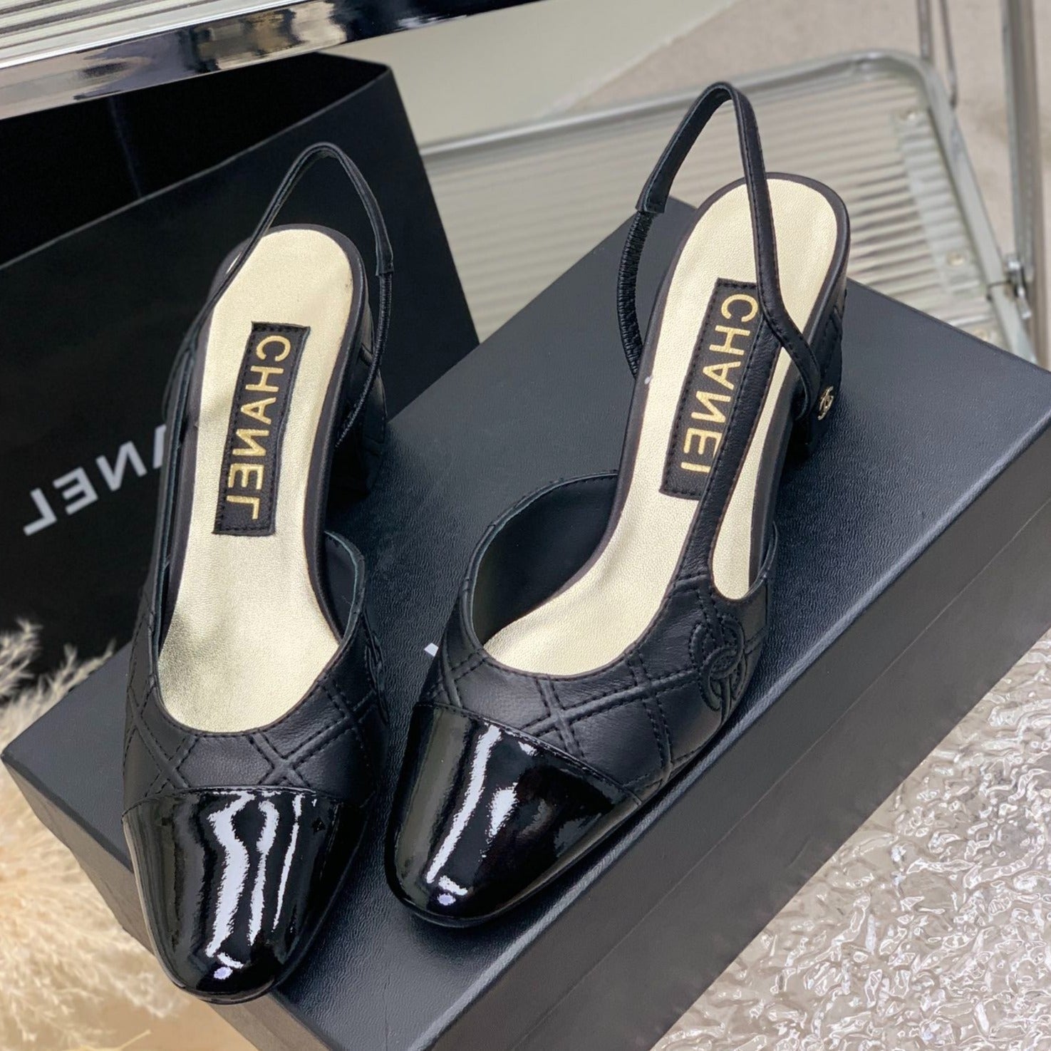CHANEL HIGH SLINGBACKS 65 BLACK CALFSKIN