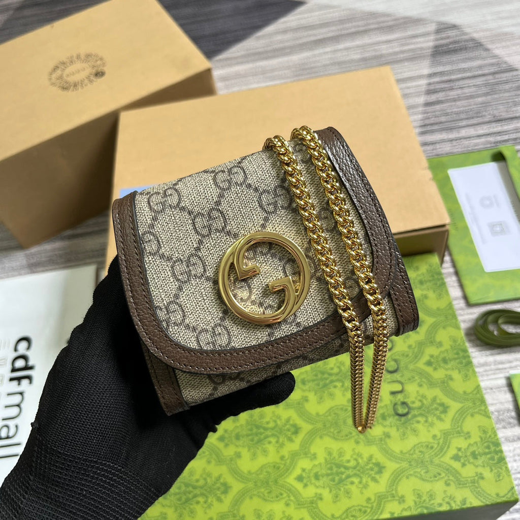 GUCCI BLONDIE INTERLOCK MINI SHOULDER BAG 12 IN BEIGE CANVAS AND DARK BROWN CALFSKIN TRIM