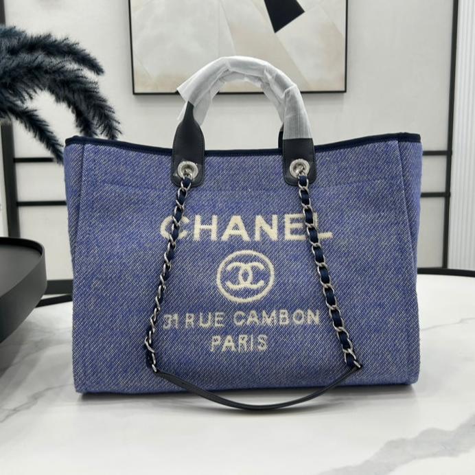 CHANEL DEAUVILLE LARGE 38 TOTE BAG IN VIOLET PURPLE CANVAS WITH WHITE LOGO
