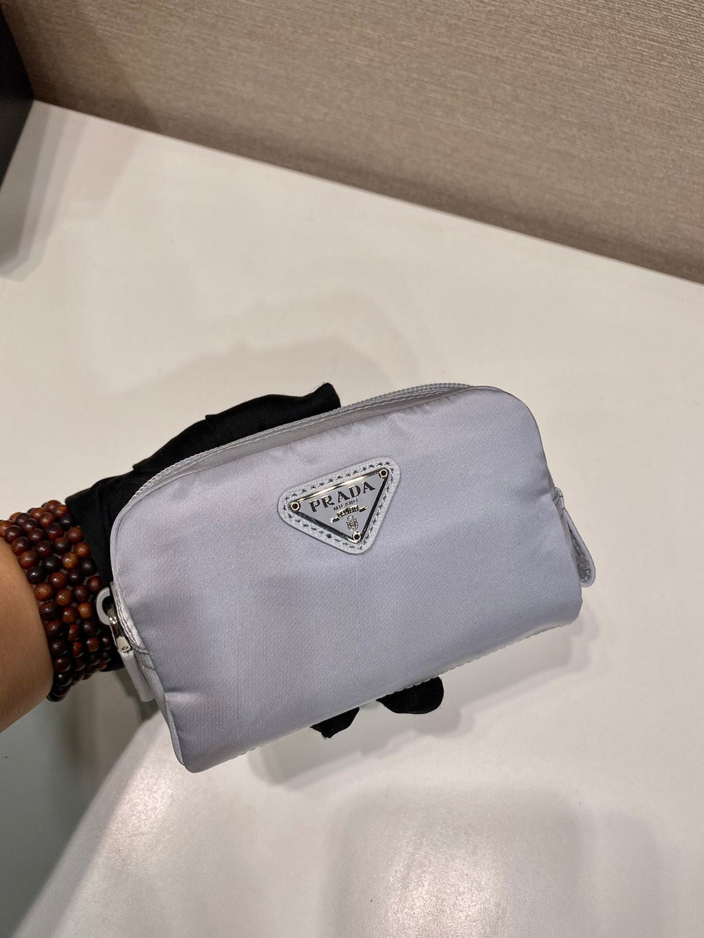 PRADA CLUTCH 12 IN LIGHT GREY RE-NYLON