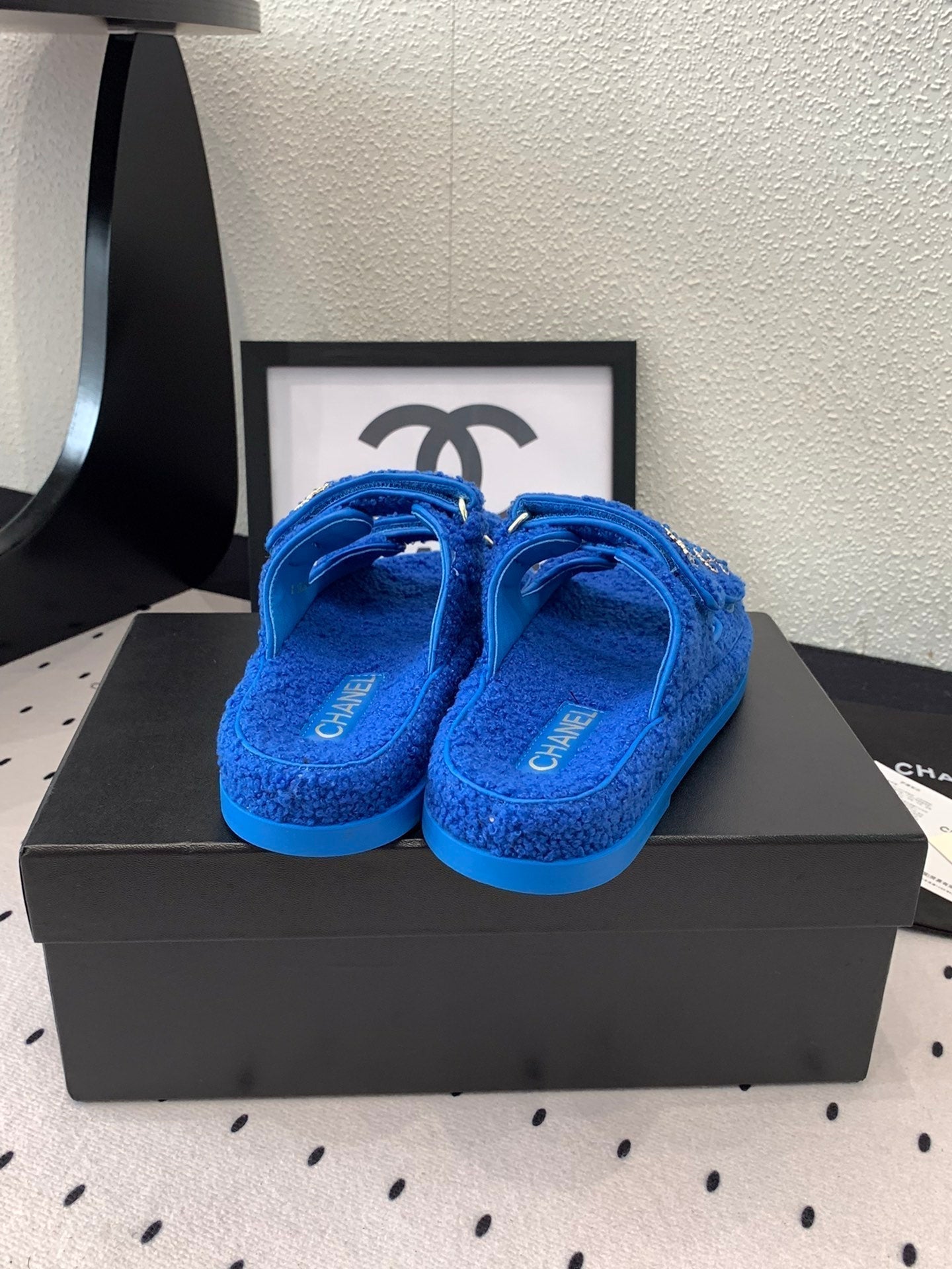 CHANEL DAD SANDAL MULE IN AZURE BLUE LAMB FUR