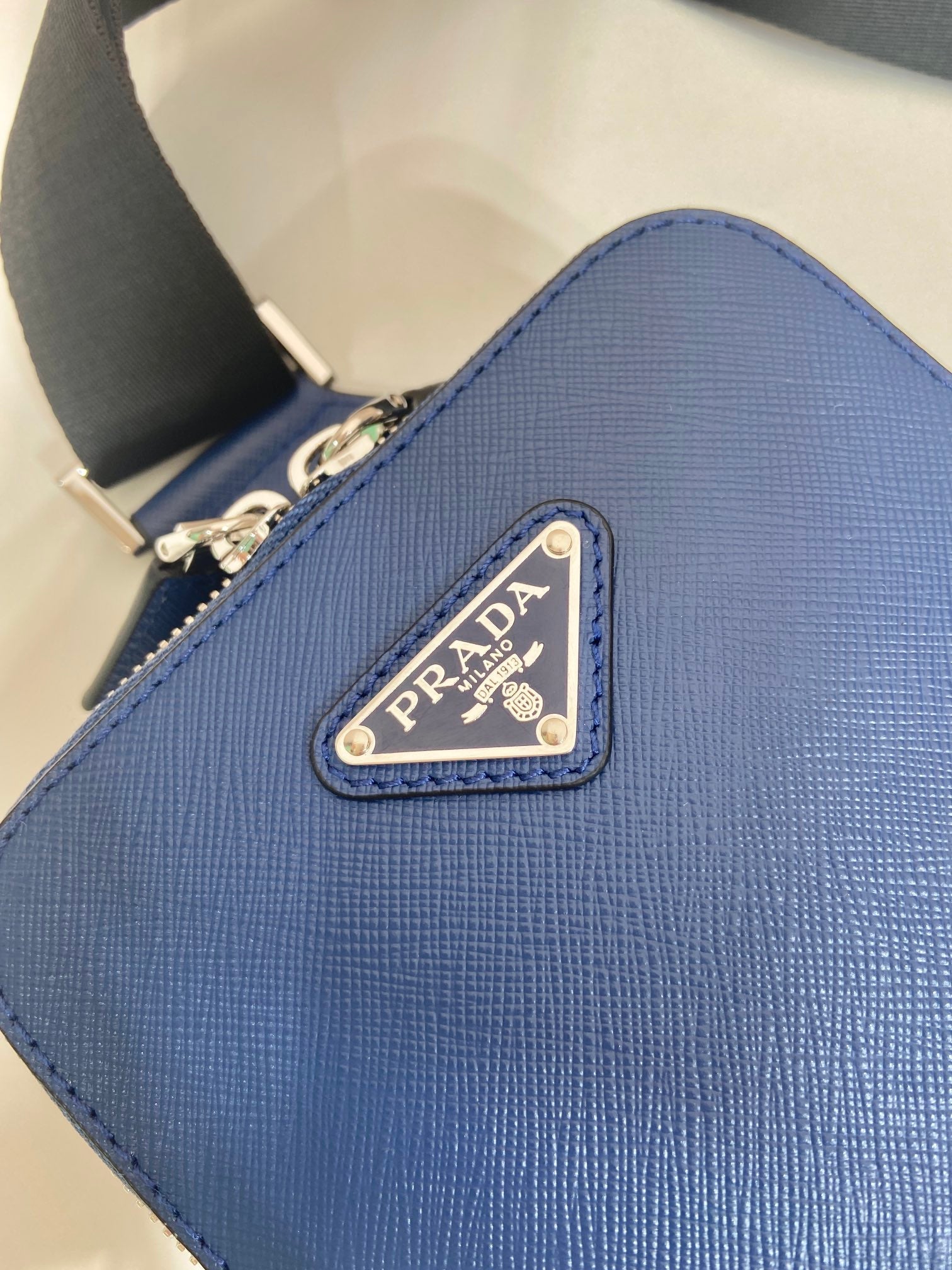PRADA CHEST BAG 20 IN CLASSIC BLUE SAFFIANO LEATHER