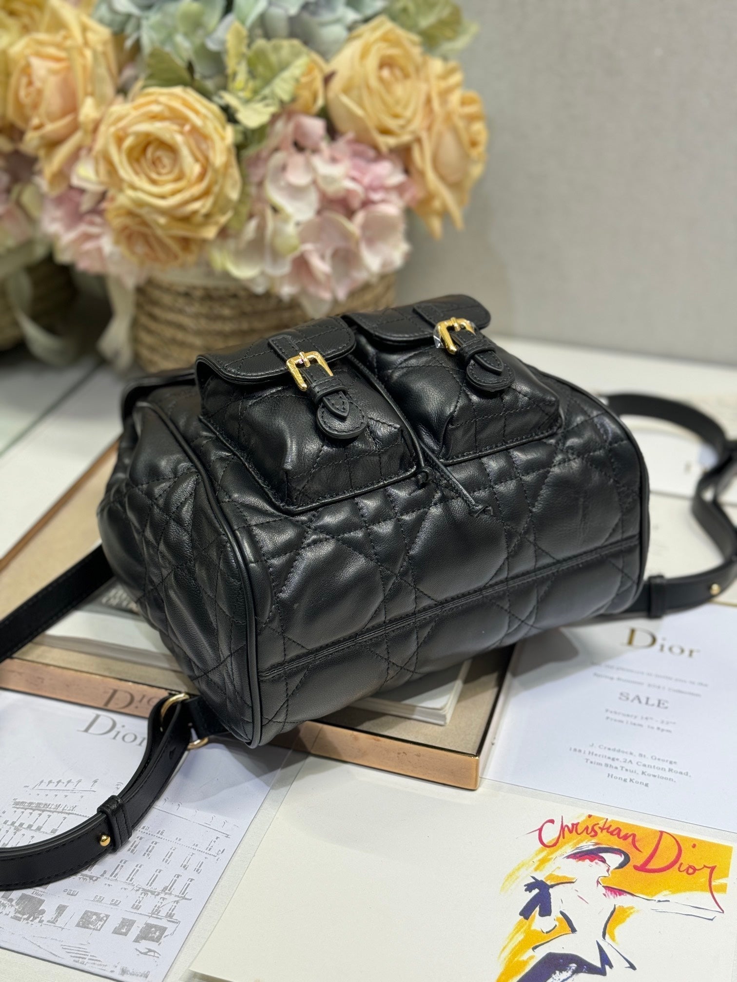 DIOR MEDIUM CARO BACKPACK 27 IN BLACK MACROCANNAGE LAMBSKIN