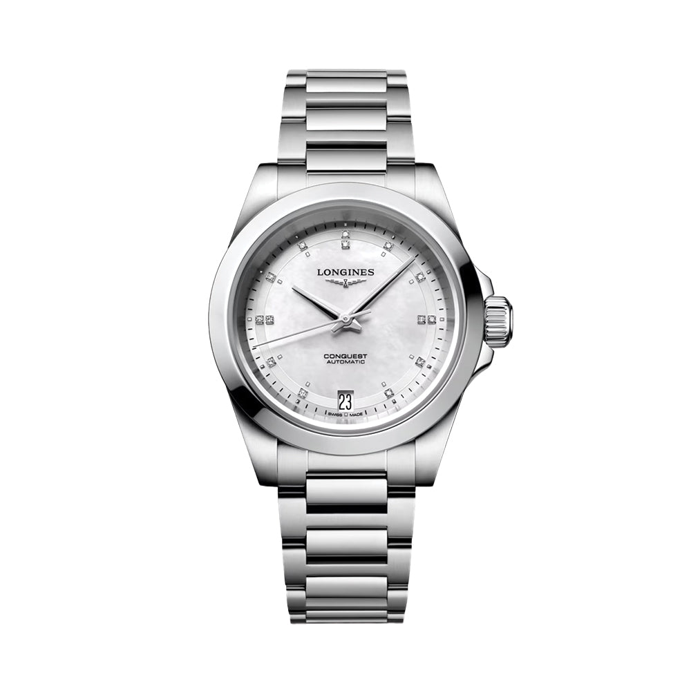 Longines Conquest 34mm Watch - White, Mother - of - Pearl w/Diamonds on Bracelet