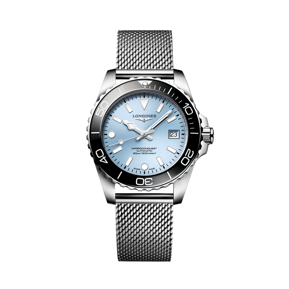Longines HydroConquest 39mm Watch - Blue, Black Bezel on Mesh Bracelet