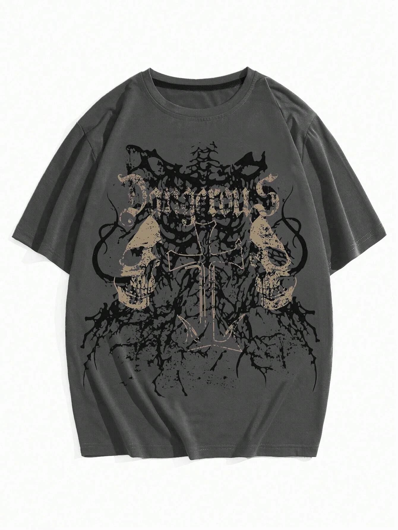 Grunge Punk Skull Printed  Men T-shirt