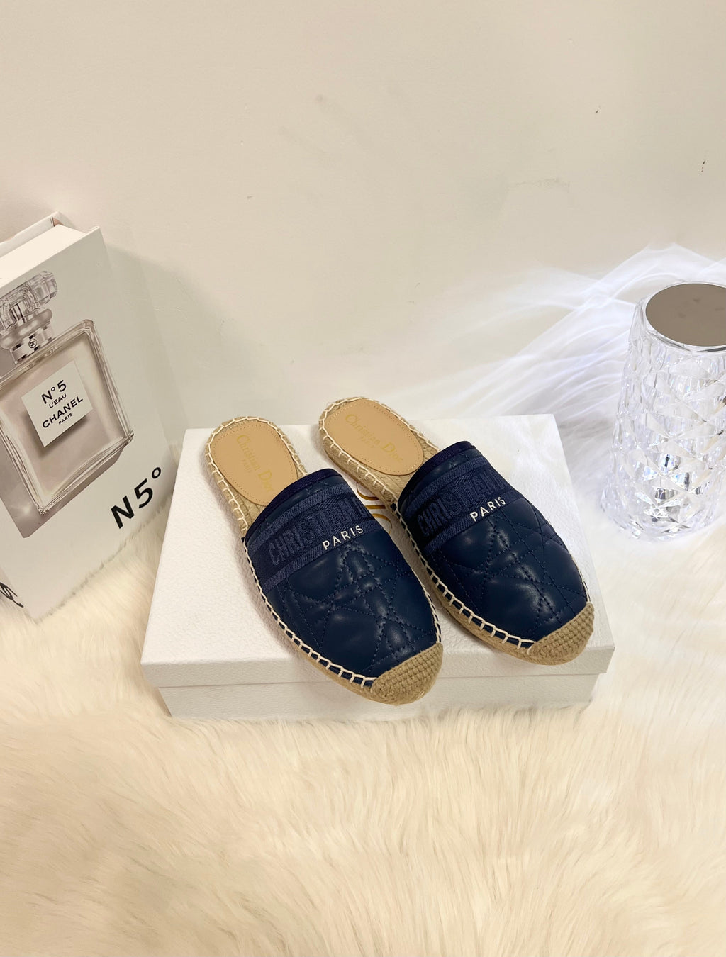 DIOR GRANVILLE ESPADRILLE MULE NAVY BLUE QUILTED CANNAGE CALFSKIN