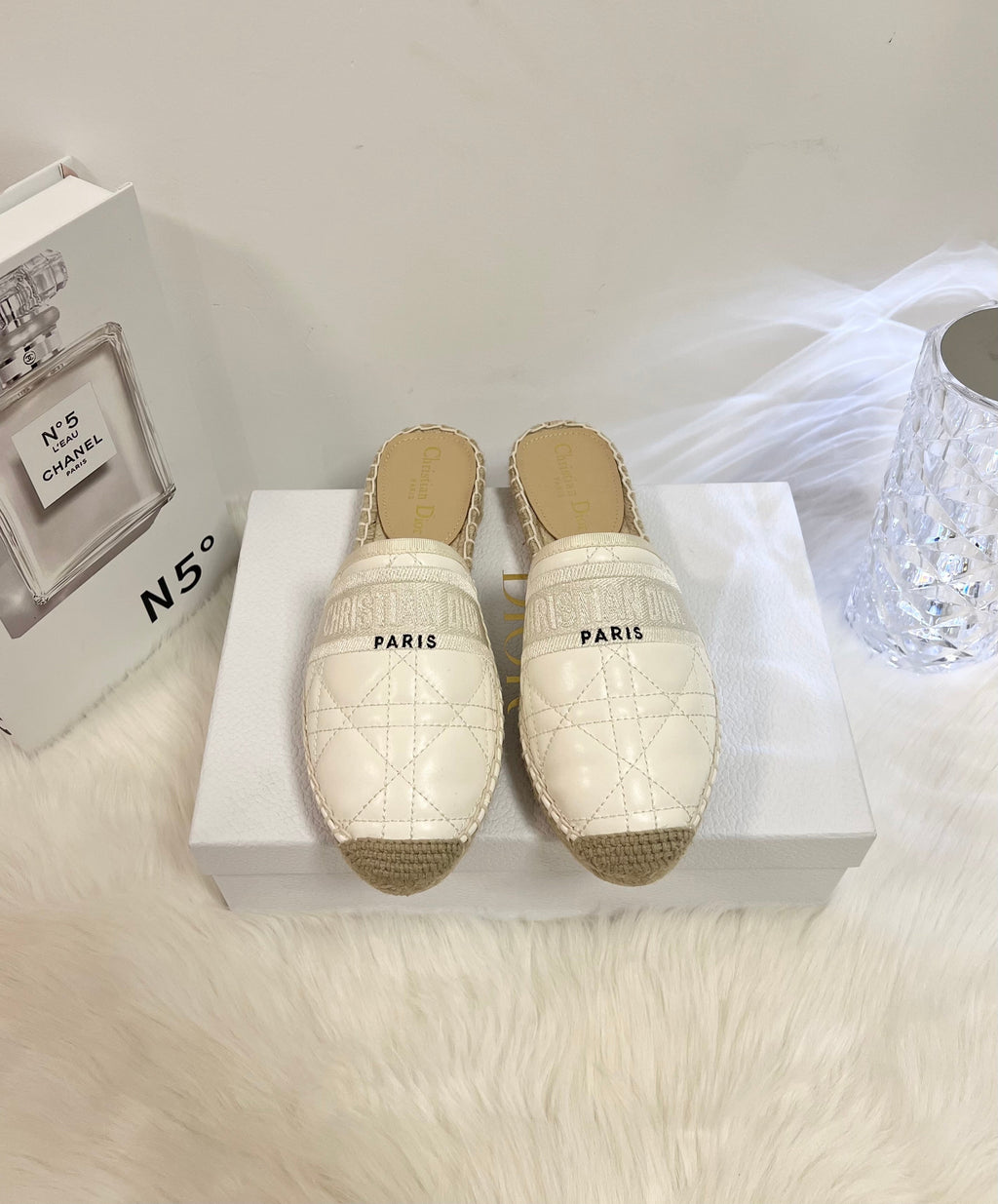 DIOR GRANVILLE ESPADRILLE MULE WHITE QUILTED CANNAGE CALFSKIN