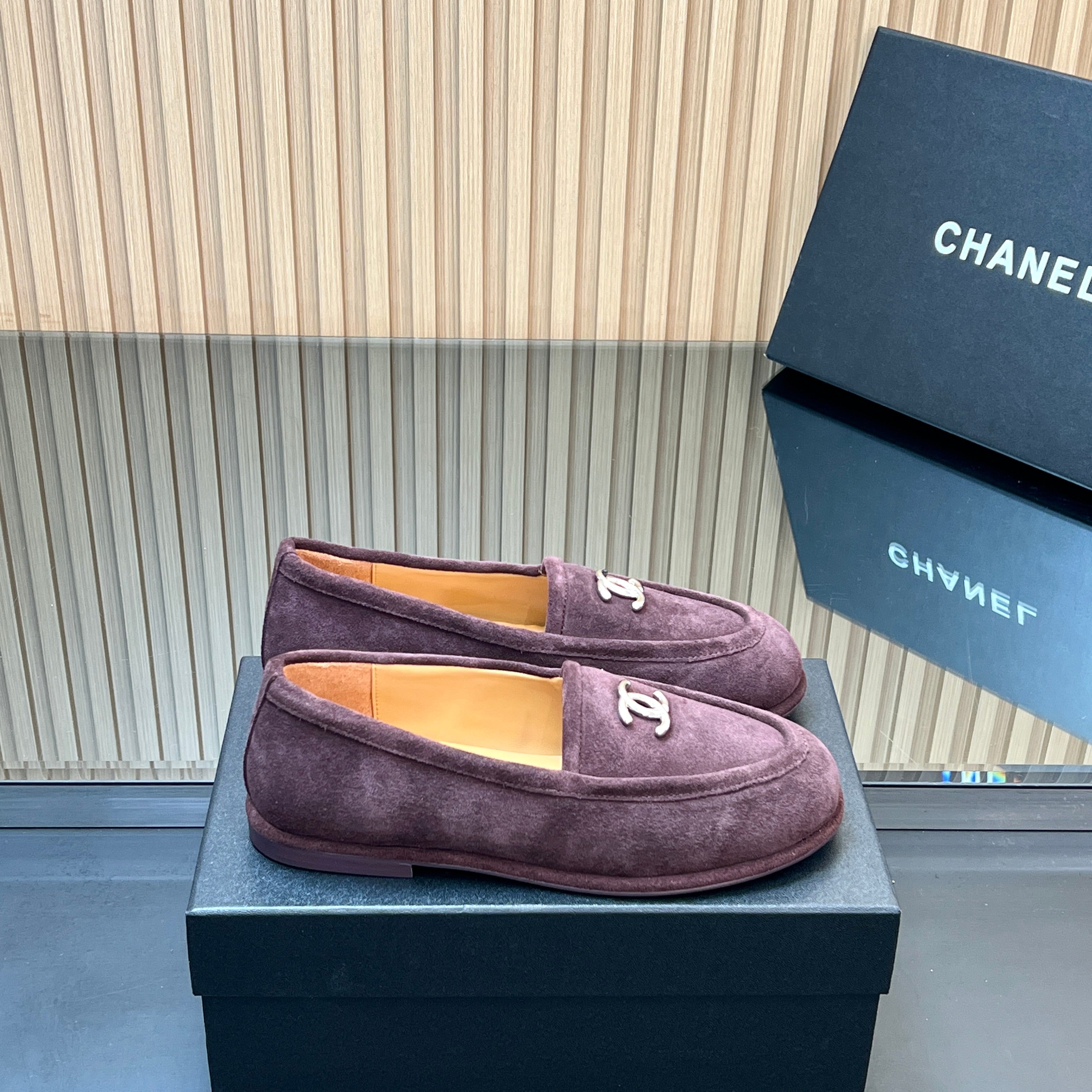 CHANEL 25S TEDDY LOAFER 15MM IN DARK PURPLE SUEDE SILVER HARDWARE