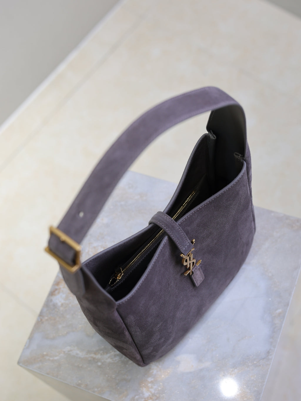 YSL 25S LE 5 À 7 SUPPLE SMALL 23 IN DARK GRAY SUEDE GOLD HARDWARE