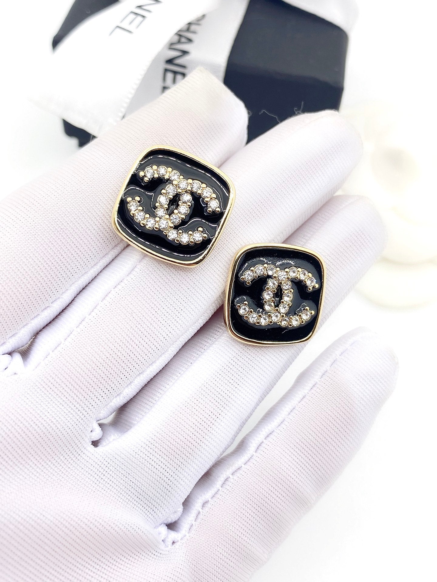18K  Chanel Square Resin Diamond Earrings