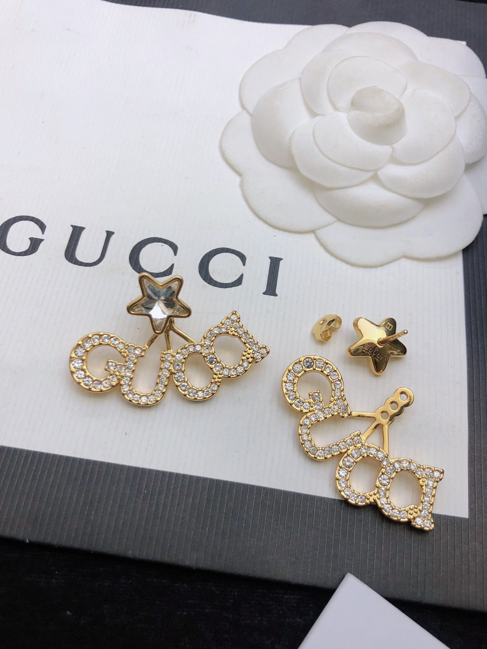 18K Double Gucci Script Star Earrings