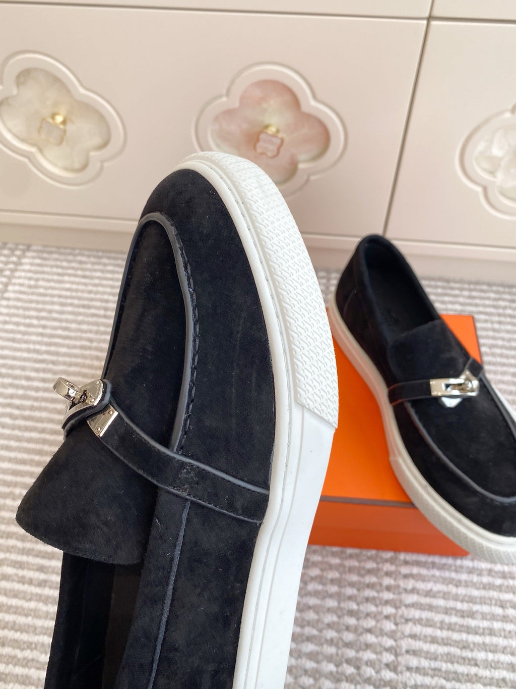 HERMES 25S SLIP-ON IN BLACK SUEDE WITH SILVER HARDWARE