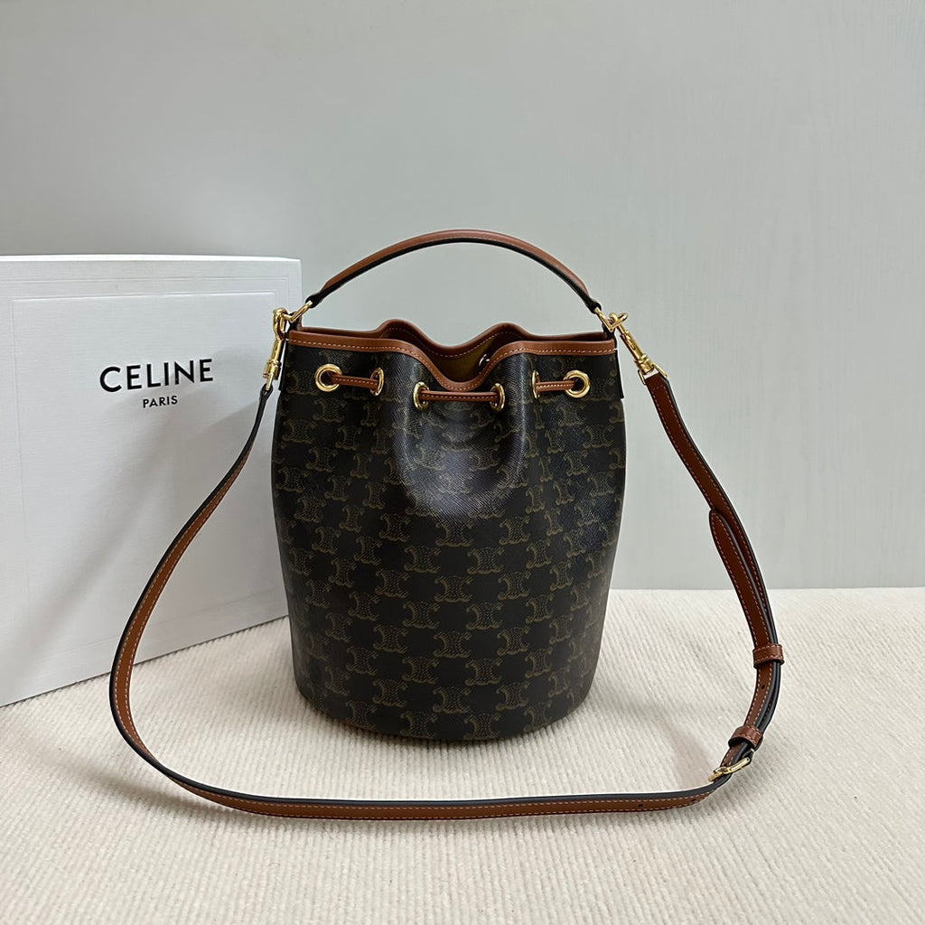 CELINE CLARA BAG 24 IN BLACK TRIOMPHE CANVAS AND BROWN CALFSKIN TRIM