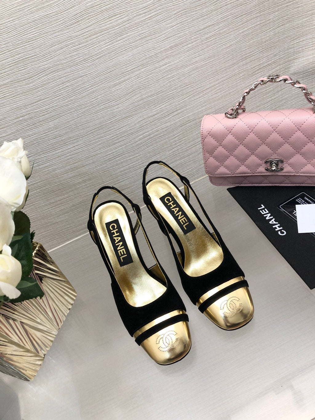 CHANEL HIGH SLINGBACKS IN BLACK SUEDE AND GOLDEN LAMBSKIN