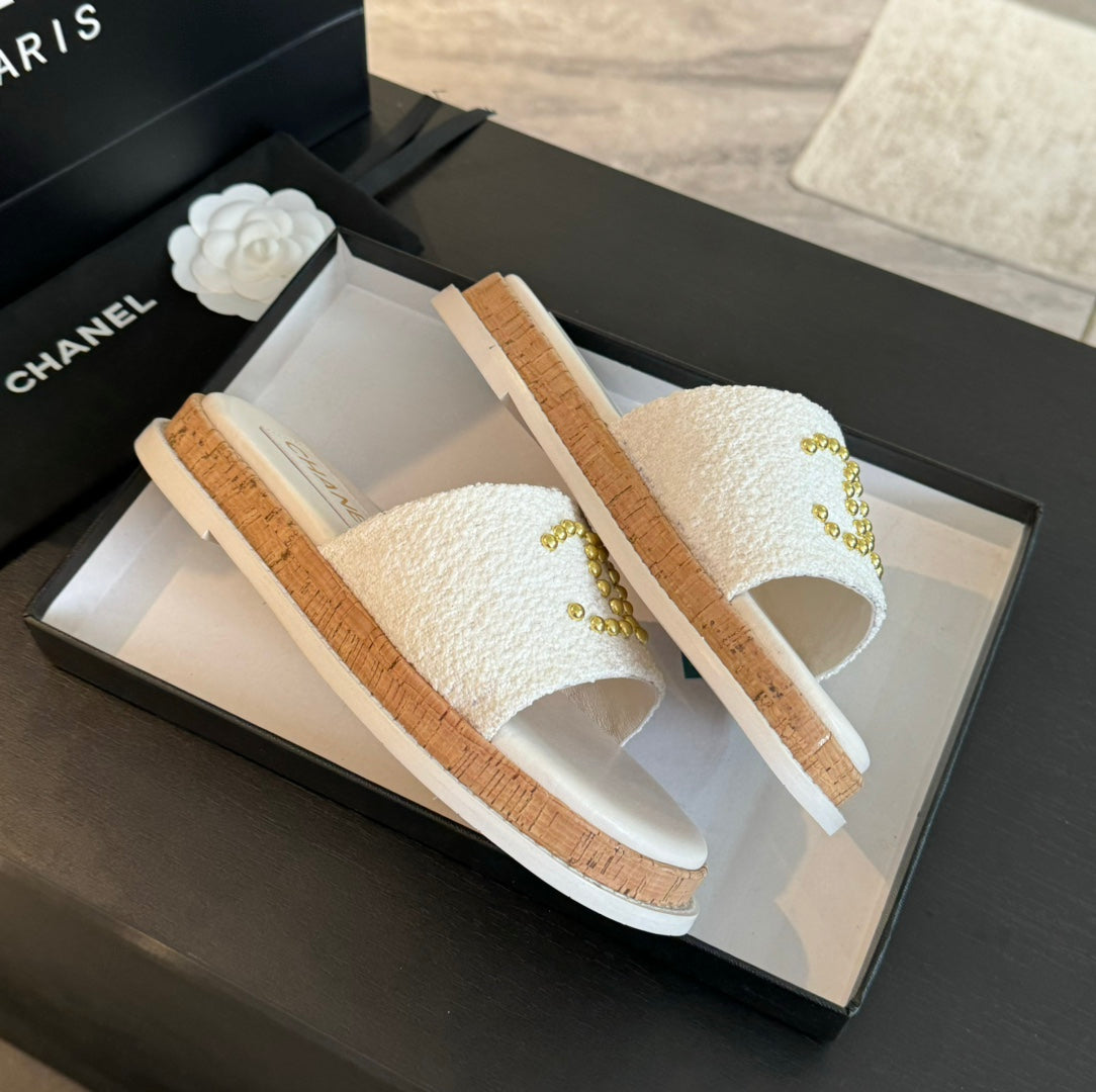 CHANEL Double C Wood Grain Platform Slippers White Wool