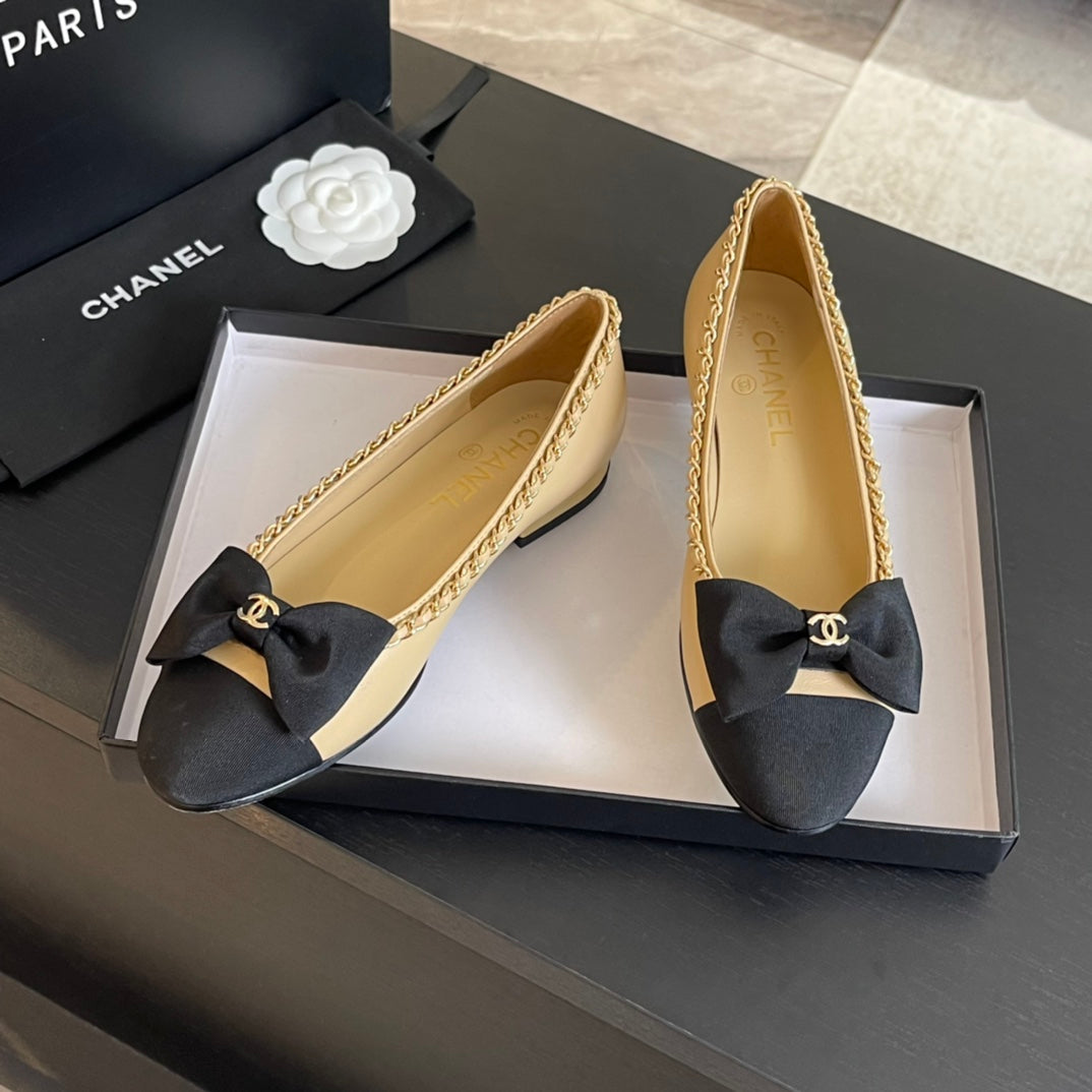CHANEL BALLET FLAT BEIGE CREAM CALFSKIN AND FABRIC