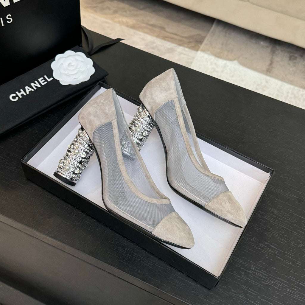 CHANEL HIGH HEEL 85 MM SANDALS IN PALE GRAY SUEDE AND MESH