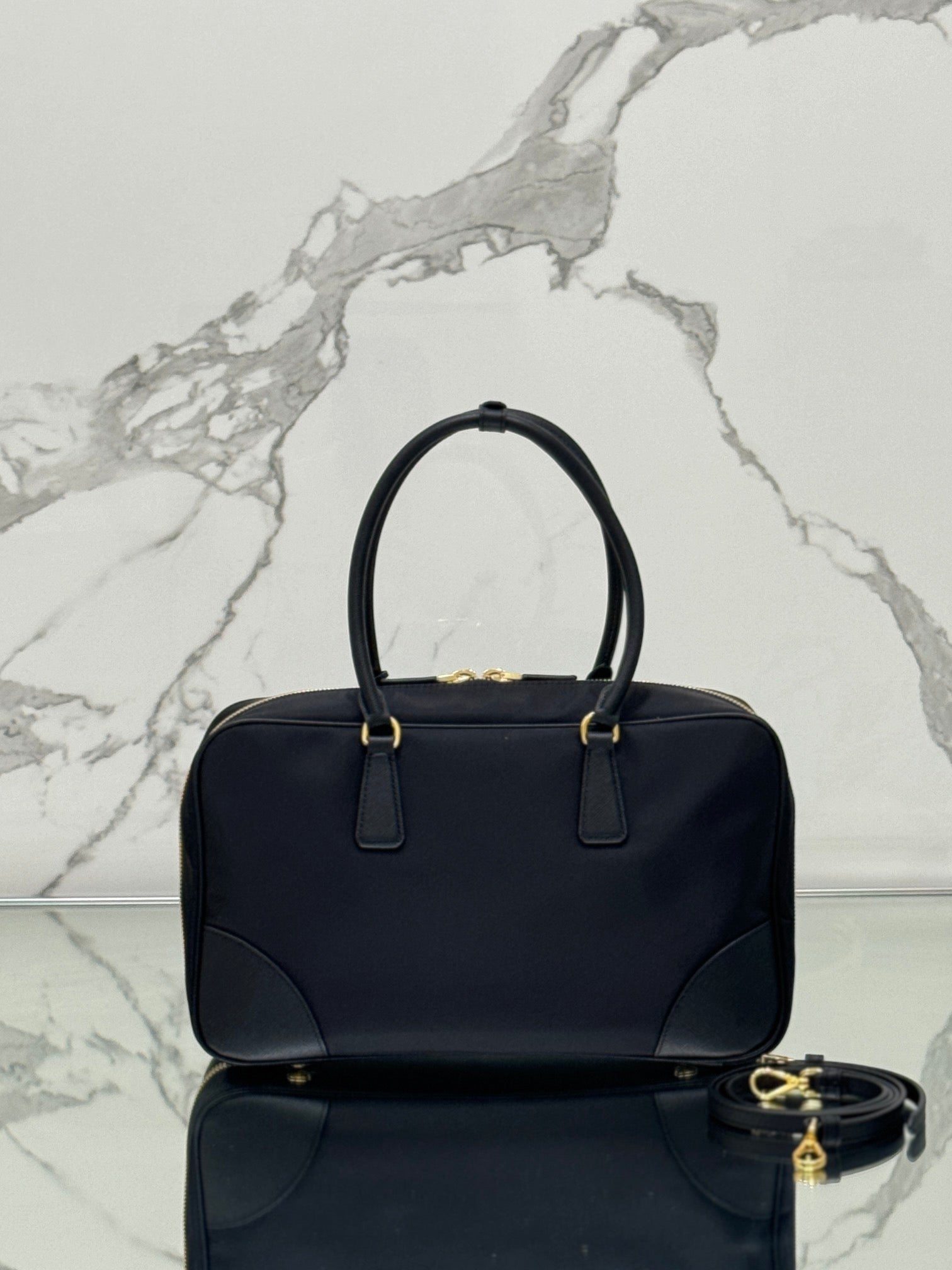 PRADA LARGE TOP HANDLE BAG 35 IN BLACK NYLON AND CALFSKIN TRIM