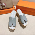 HERMES 25S HIGH WEDGE SANDALS IN LIGHT GREY LAMBSKIN STYLE 13