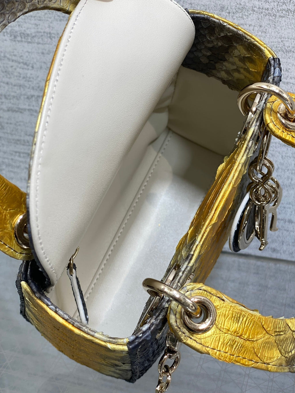 DIOR MINI 17 LADY BAG IN SUN FLOWER MIX BLACK SNAKESKIN PATTERN LAMBSKIN