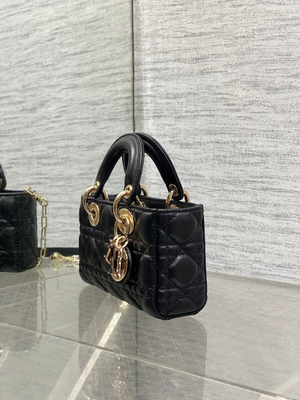 DIOR 25S MICRO LADY D-JOY 19 IN BLACK CALFSKIN GOLD HARDWARE