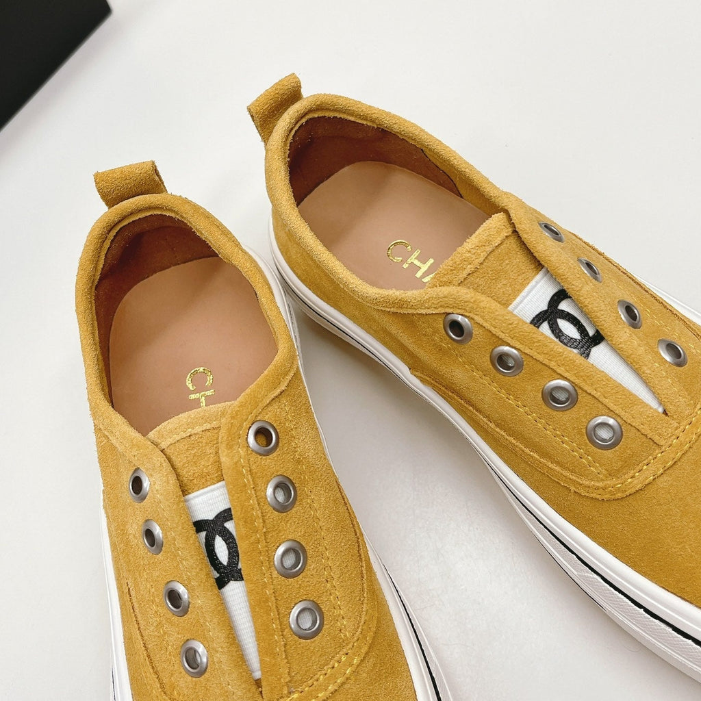 CHANEL Double C Platform Biscuit Shoes Fabric Amber Yellow