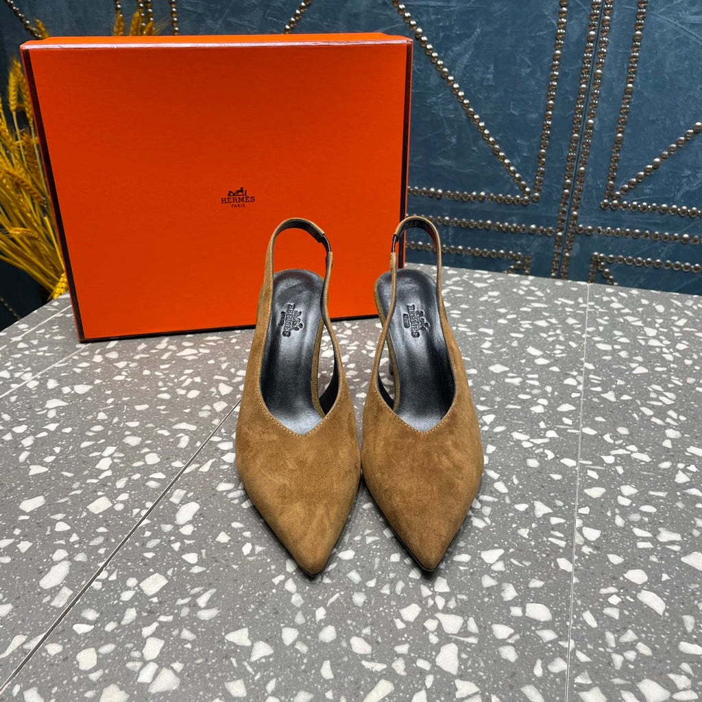 HERMES HIGH SLINGBACKS 7 CM IN CIDER BROWN SUEDE