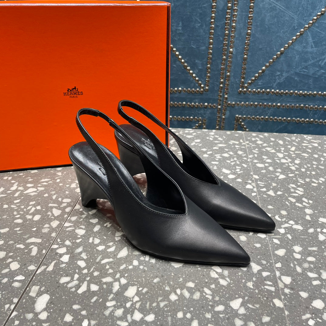HERMES HIGH SLINGBACKS 7 CM IN BLACK SHEEPSKIN