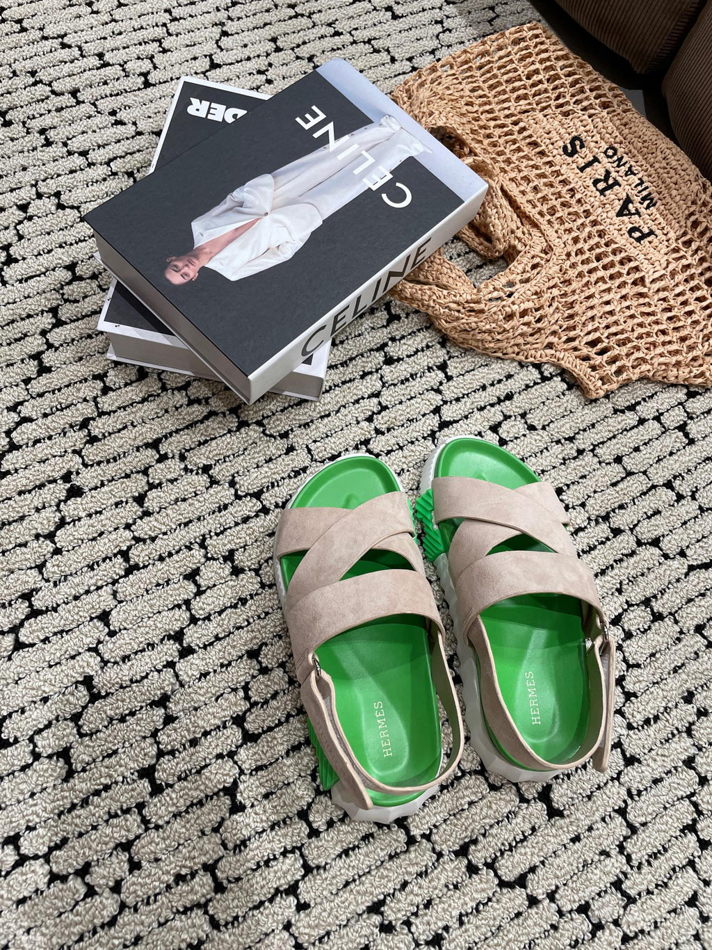 HERMES ELECTRIC SANDAL GREEN MIX LIGHT GRAY SUEDE