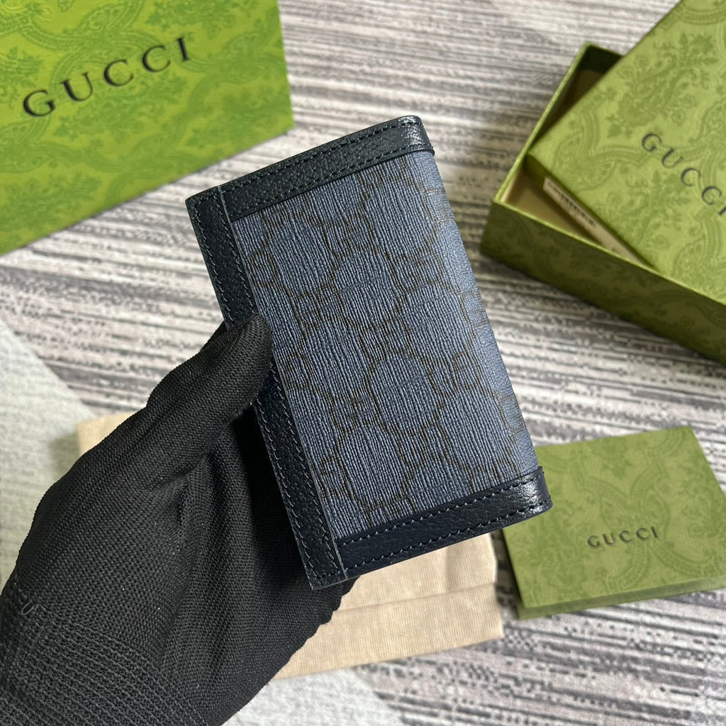 GUCCI OPHIDIA  12 CARD CASE DARK BLUE CANVAS AND BLACK CALFSKIN