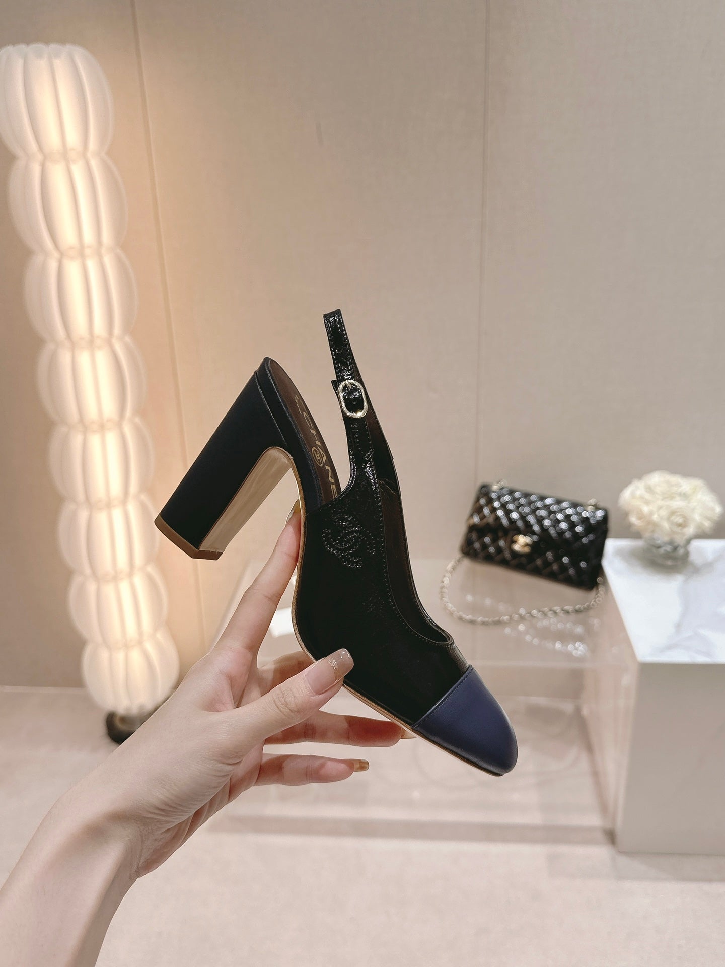 CHANEL HIGH SLINGBACKS BLACK MIX VIOLET SHEEPSKIN