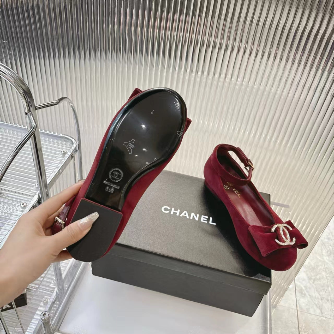 CHANEL BOW MARY JANE SHOES IN GARNET RED VELVET