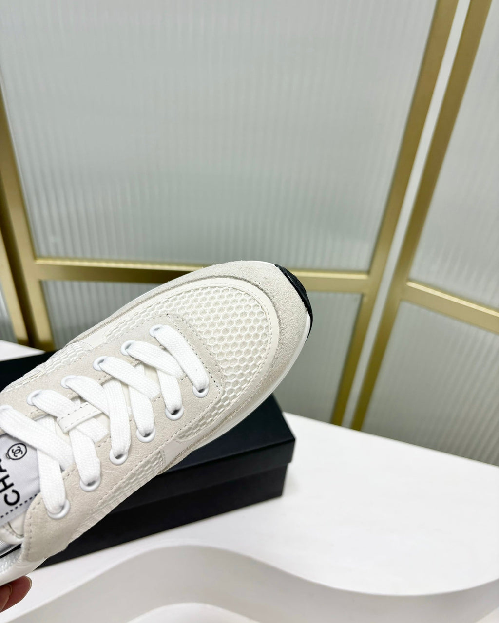 CHANEL SNEAKER IN GREY SUEDE AND WHITE BREATHABLE MESH