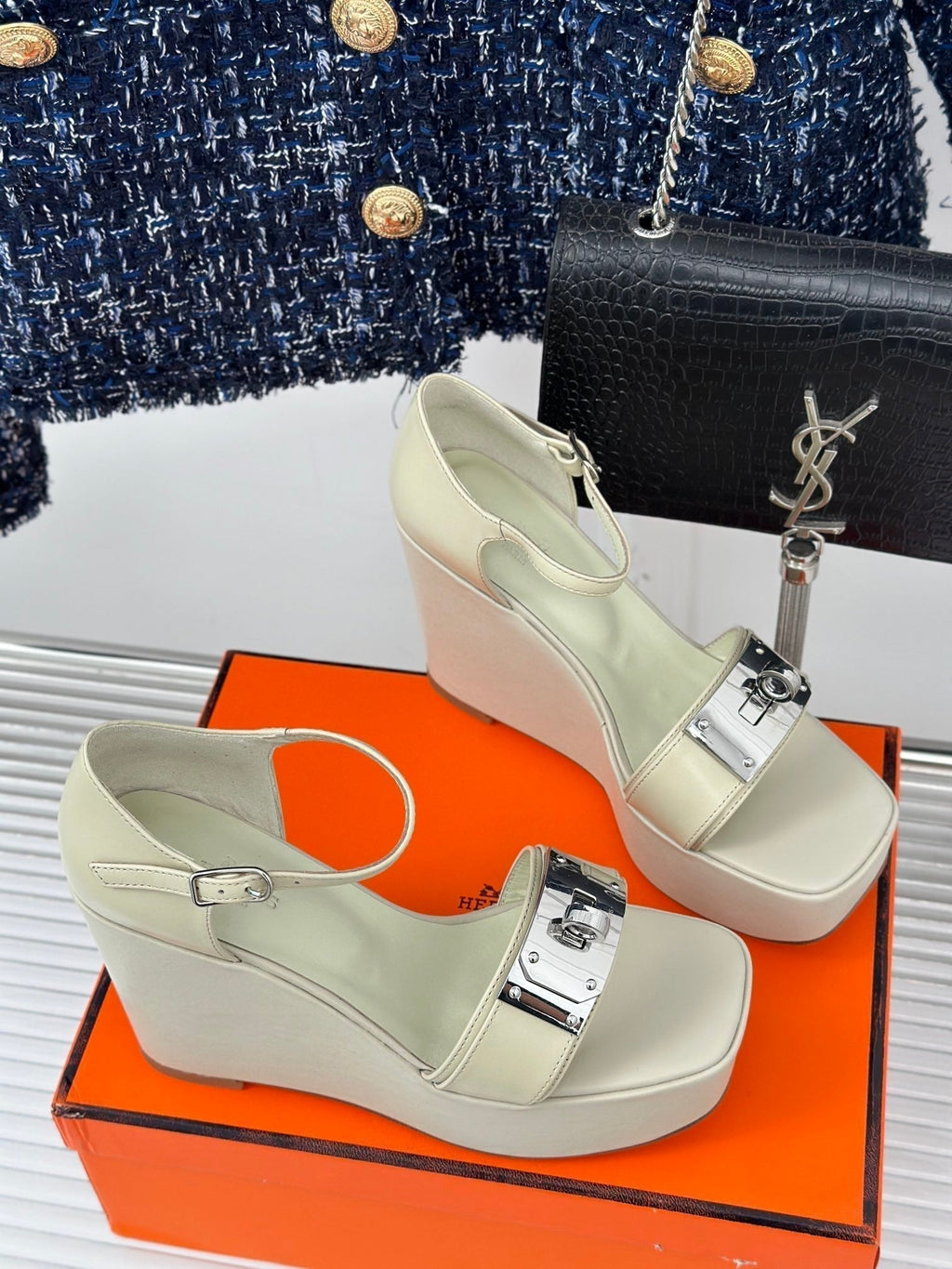 HERMES WEDGES SANDALS WHITE LAMBSKIN