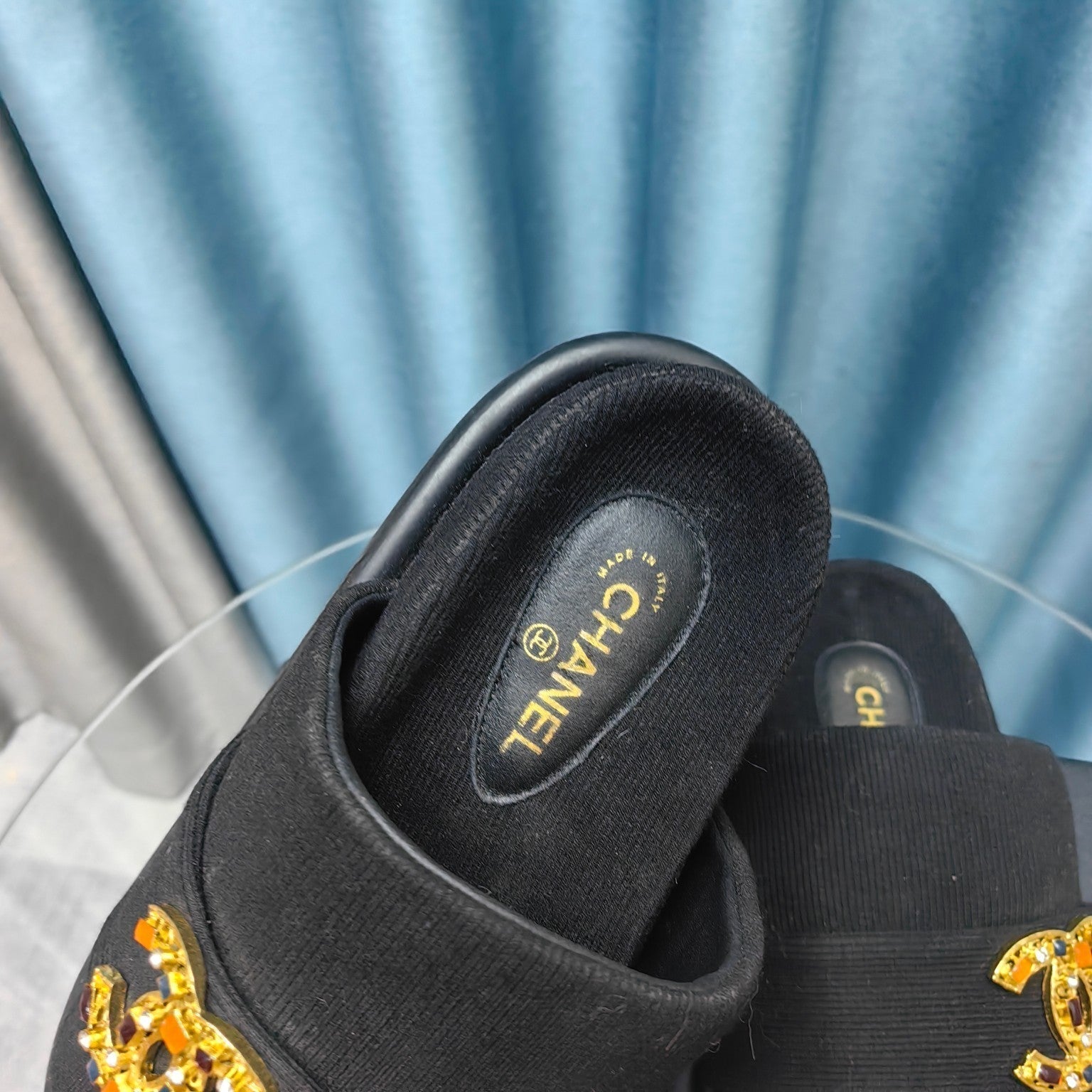 CHANEL PLATFORM HEELS SANDALS IN BLACK WOOLEN FABRIC