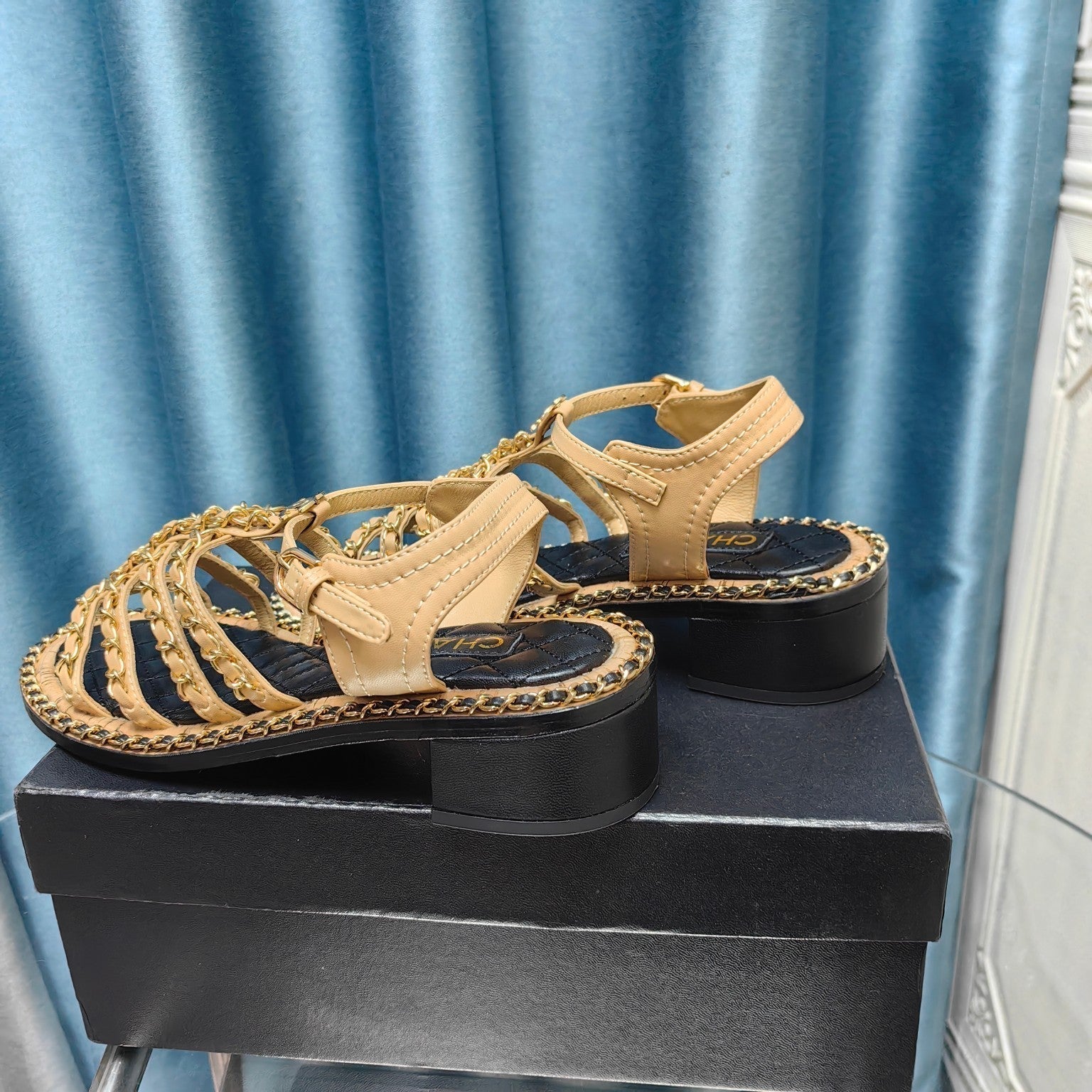 CHANEL HIGH SANDALS WITH THREE STRAPS IN DARK CREAM CALFSKIN