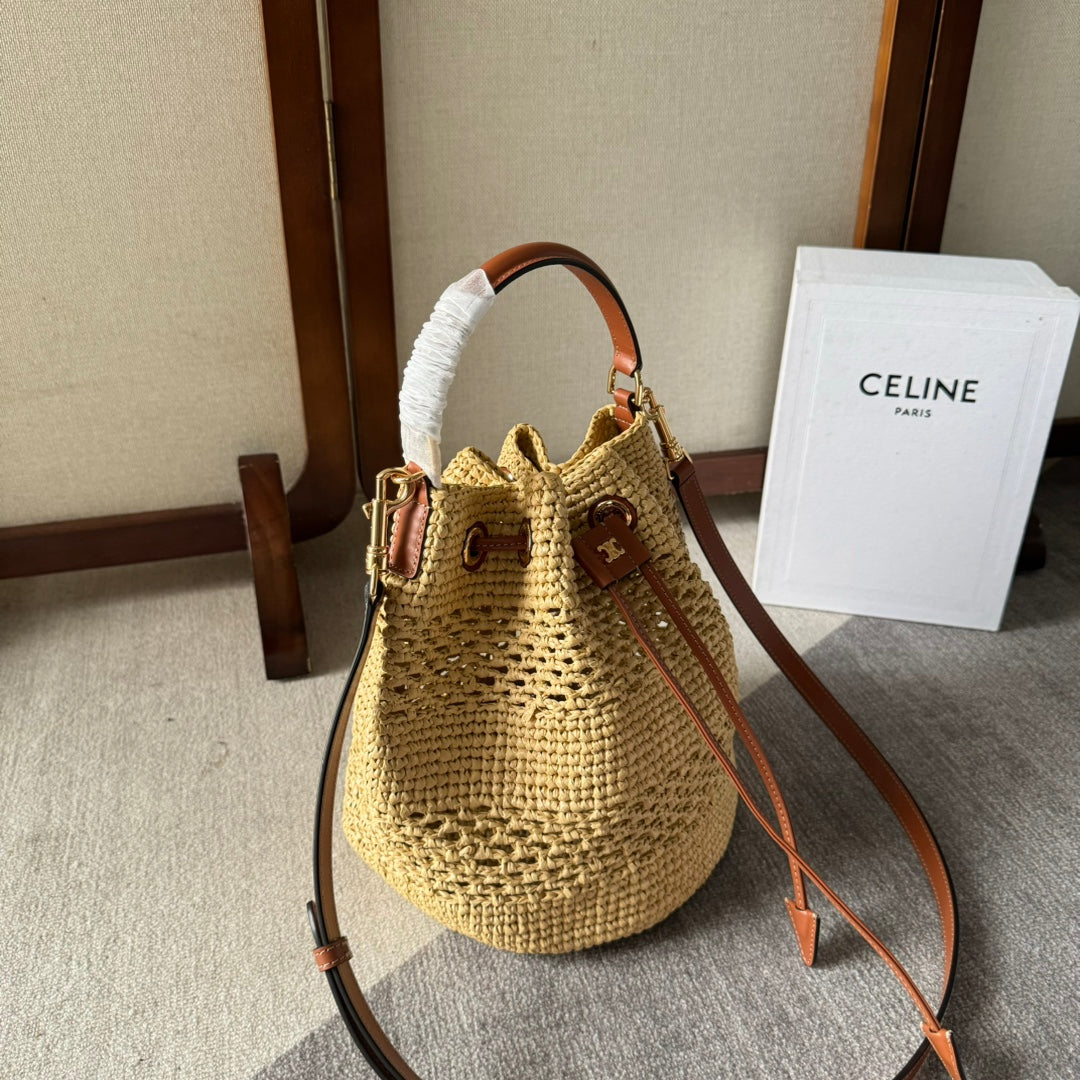 CELINE CLARA CLASSIC PANIER 25 IN BEIGE RAFFIA AND BROWN CALFSKIN