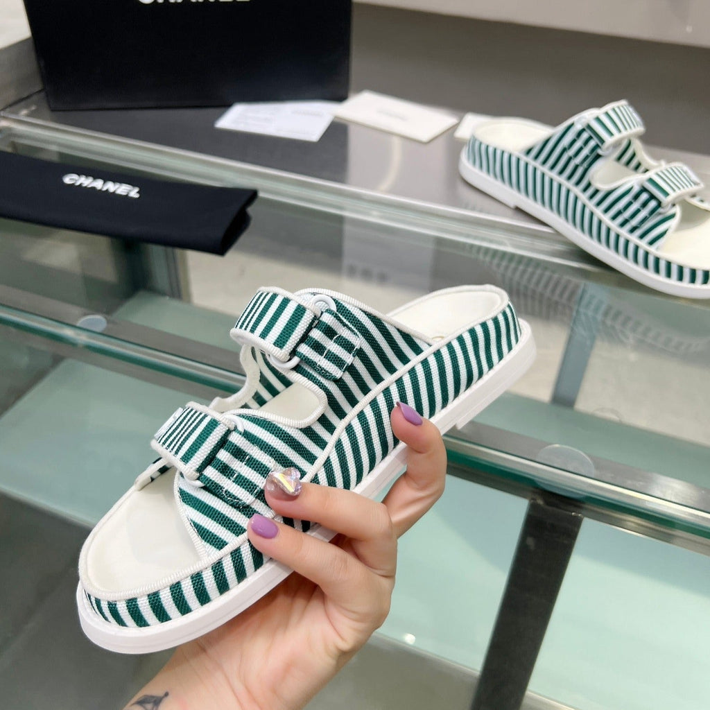CHANEL Stripes Casual  Flat Sandals Jade Green White