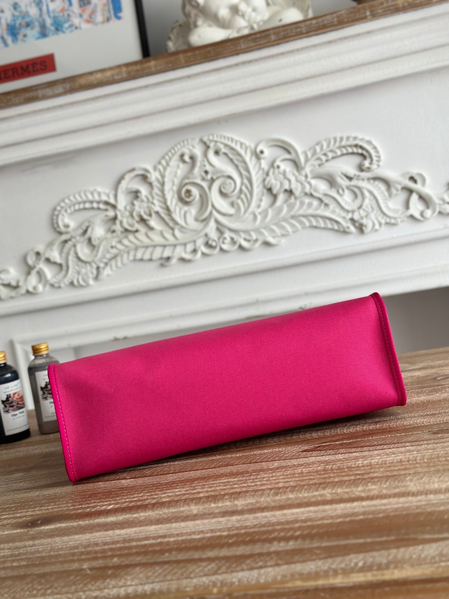 HERMES ZIP CABINE 31 BAG IN FUCHSIA PINK CANVAS AND BRONZE BROWN CALFSKIN