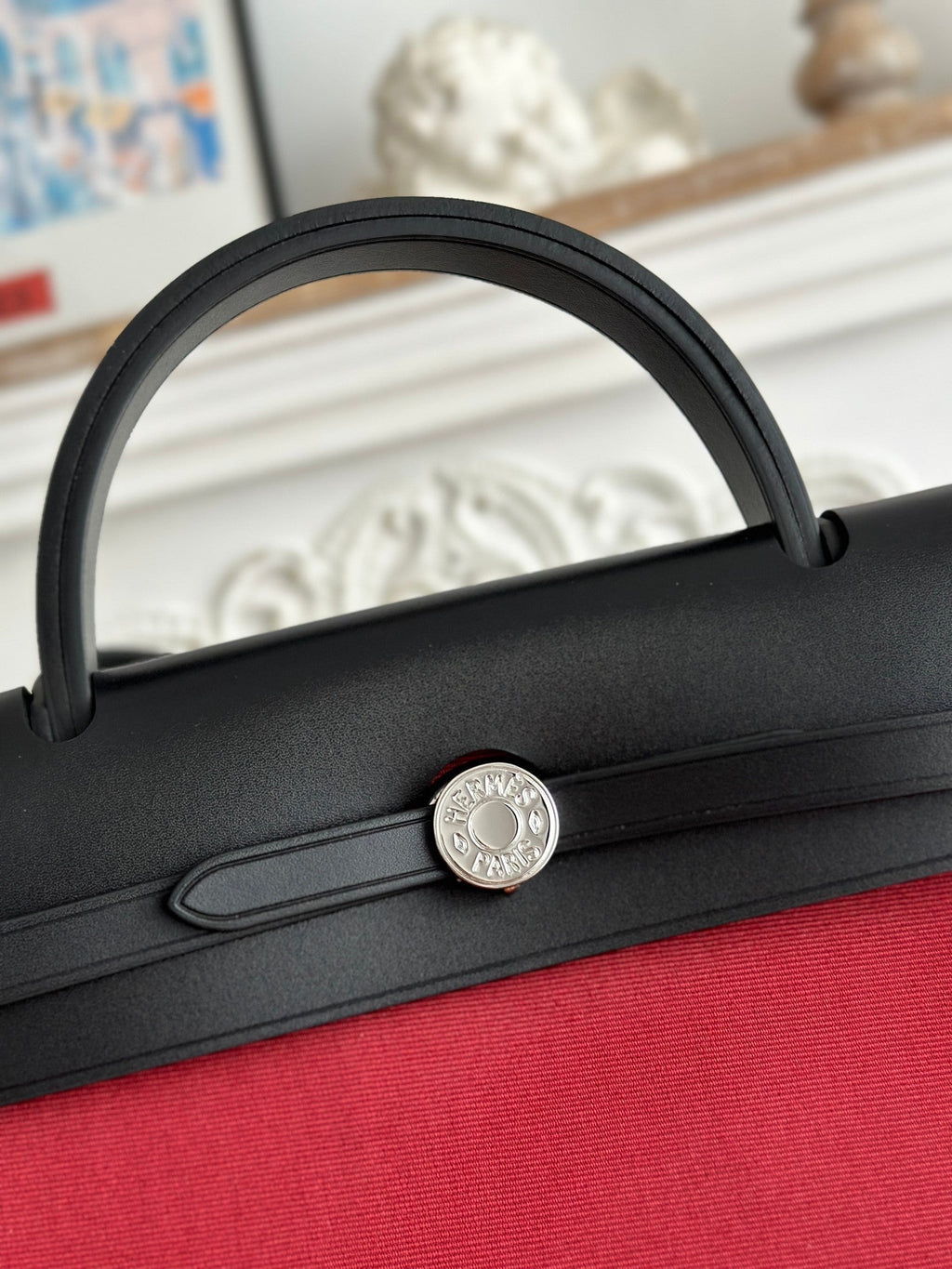 HERMES ZIP CABINE 31 BAG IN RUBY RED CANVAS AND BLACK CALFSKIN